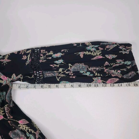 Free People Womens XS Just The Two Of Us Black Boho Tunic Peasant Floral Top - Picture 10 of 11